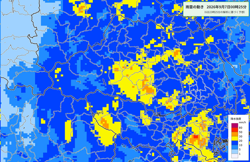 雨雲の位置。7日午前0時25分に予測される様子＝6日午後11時25分発表、気象庁より