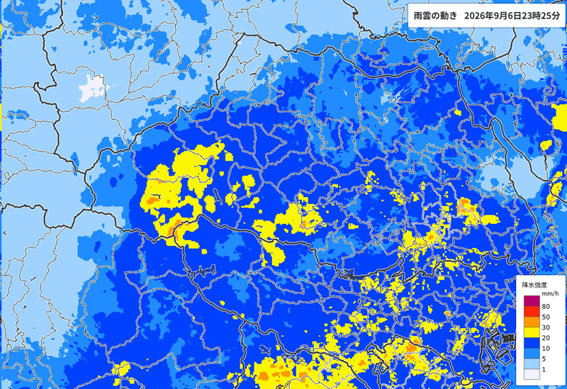 雨雲の位置＝6日夜11時25分発表、気象庁より