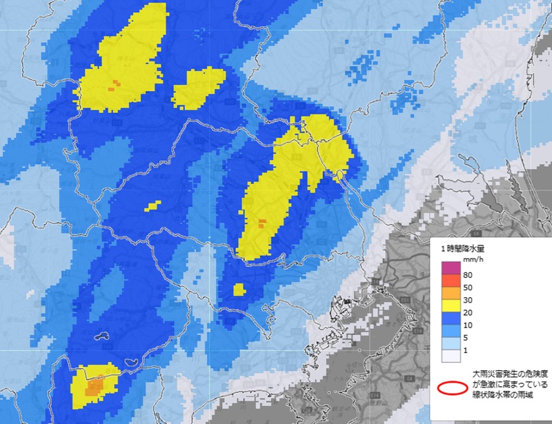 1時間降水量8日午後9時20分まで（午後4時20分の解析に基づく予測＝気象庁のHP参照）