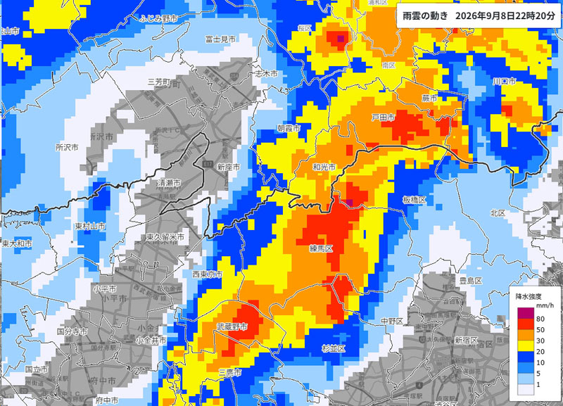 雨雲の位置。8日午後10時20分の和光市周辺の様子＝8日午後10時40分発表、気象庁より