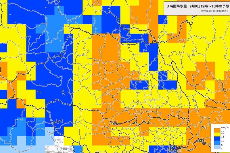 雨雲の位置。9日午後0～3時の3時間降水量予測＝9日午前9時5分発表、気象庁より