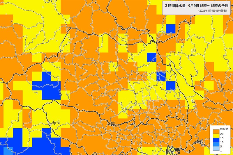 雨雲の位置。9日午後3～6時の3時間降水量予測＝9日午前9時5分発表、気象庁より