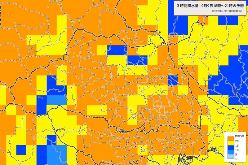雨雲の位置。9日午後6～9時の3時間降水量予測＝9日午前9時5分発表、気象庁より