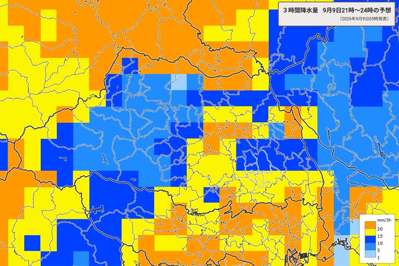 雨雲の位置。9日午後9～10日0時の3時間降水量予測＝9日午前9時5分発表、気象庁より