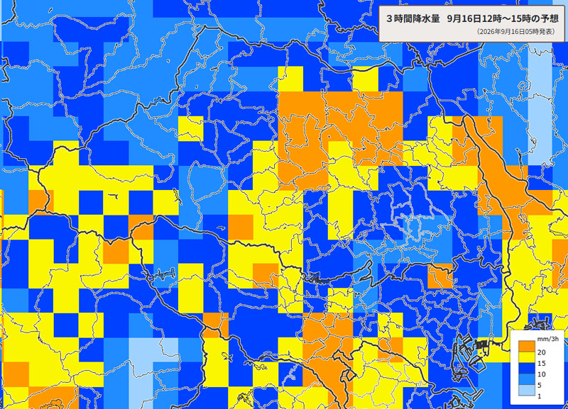 雨雲の位置。16日午後0時～3時の3時間降水量予測＝16日午前5時発表、気象庁より