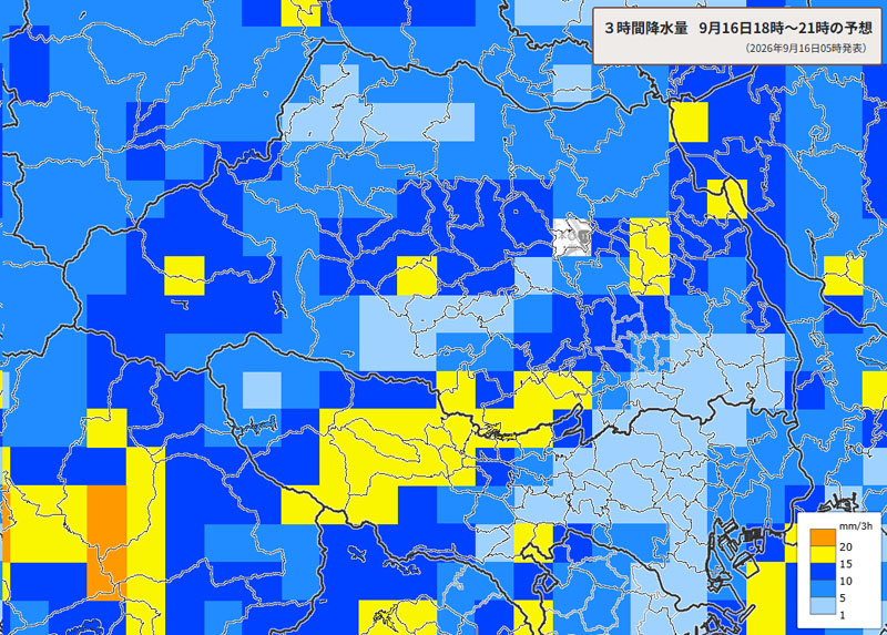 雨雲の位置。16日午後6時～9時の3時間降水量予測＝16日午前5時発表、気象庁より