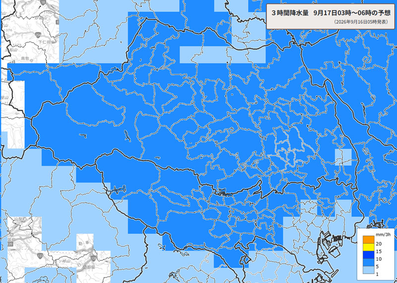 雨雲の位置。17日午前3時～6時の3時間降水量予測＝16日午前5時発表、気象庁より