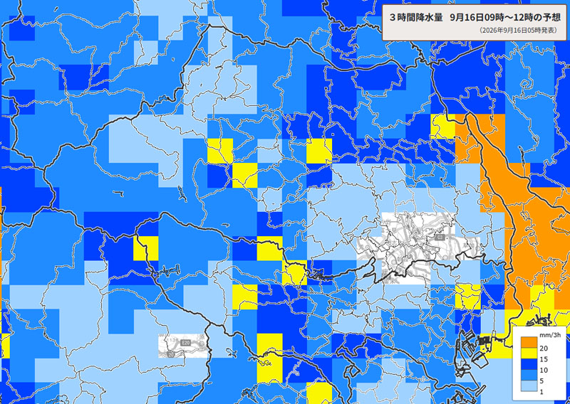 雨雲の位置。16日午前9時～午後0時の3時間降水量予測＝16日午前5時発表、気象庁より