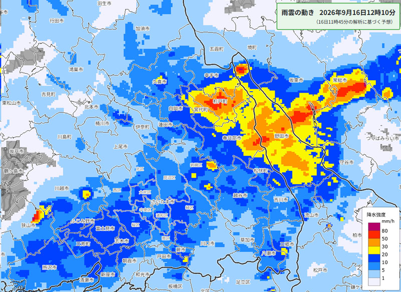 雨雲の位置。16日午後0時10分の予測＝16日午前11時40分発表、気象庁より