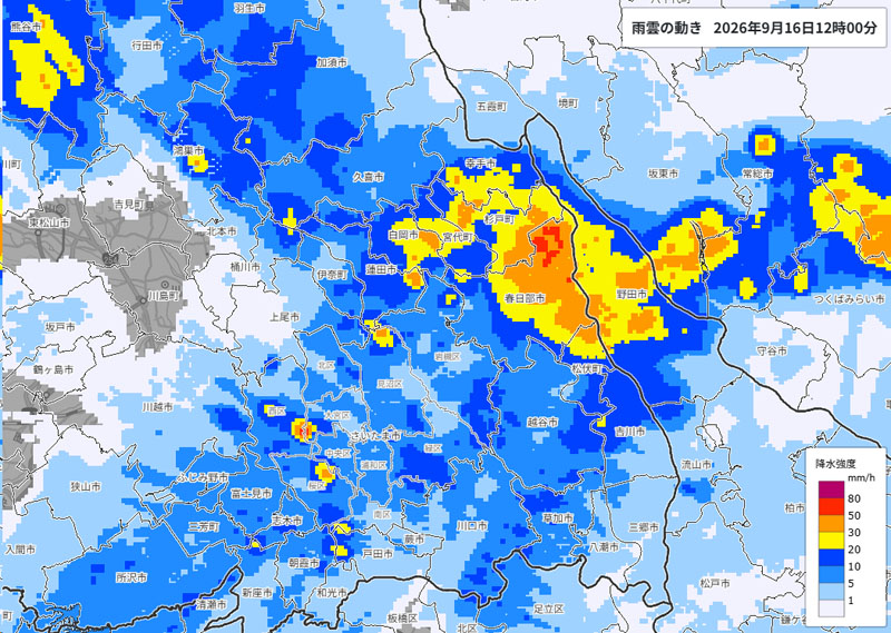 雨雲の位置＝16日午後0時発表、気象庁より
