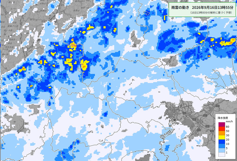 雨雲の位置。16日午後1時55分の予測＝16日午後1時発表、気象庁より