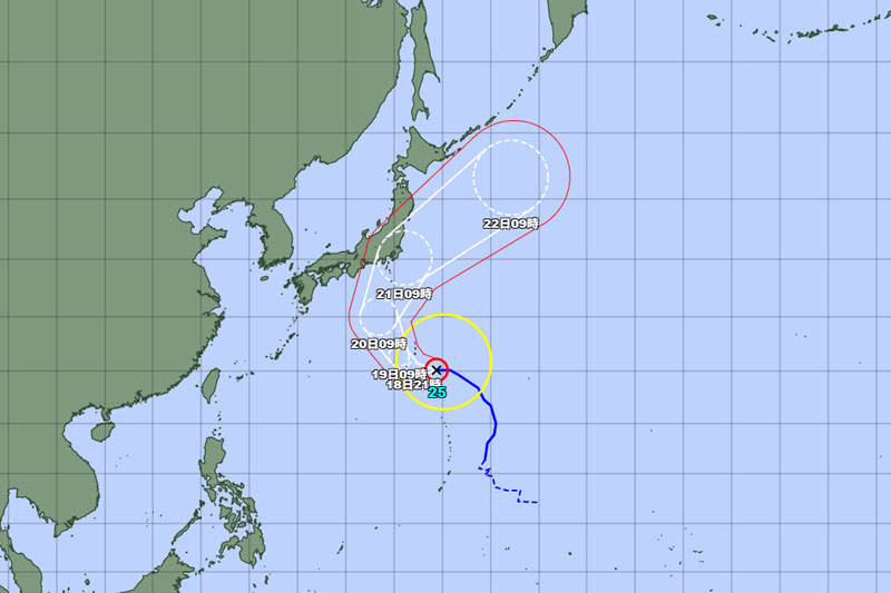 台風25号の位置＝18日午前9時発表、気象庁より
