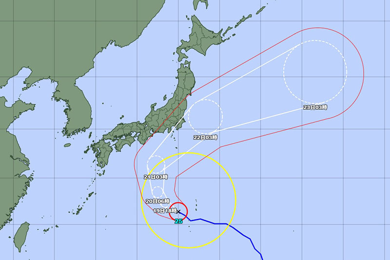 台風25号の位置＝19日午前6時発表、気象庁より