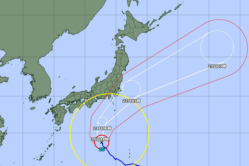 台風25号の20日午前6時の位置＝20日午前6時発表、気象庁より