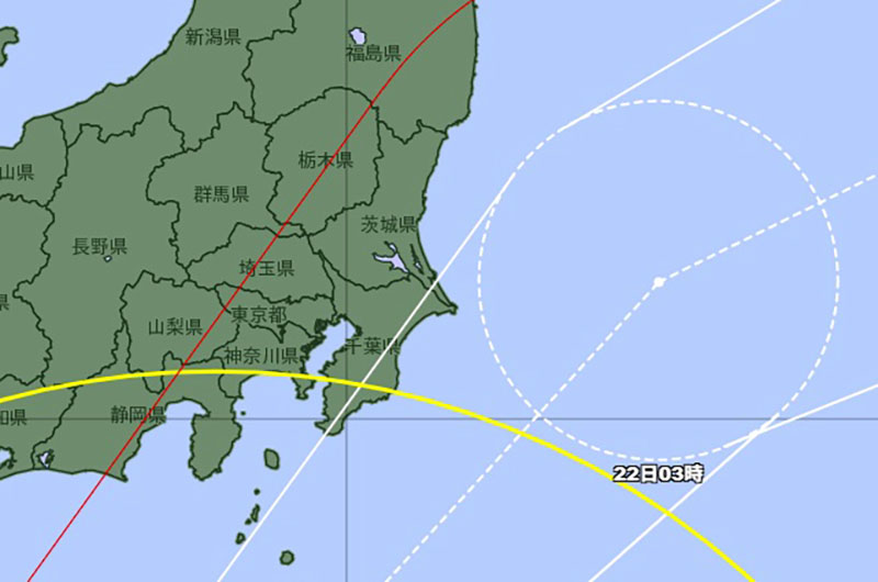 台風25号の22日午前3時の予報円＝20日午前6時45分発表、気象庁より