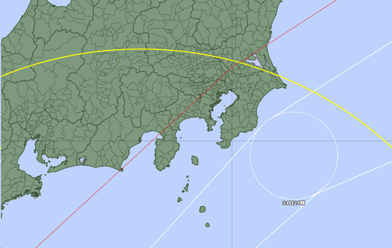台風25号の強風域に入った埼玉県。黄色円内が強風域。赤色線東側が強風警戒域＝20日午後9時発表、気象庁より