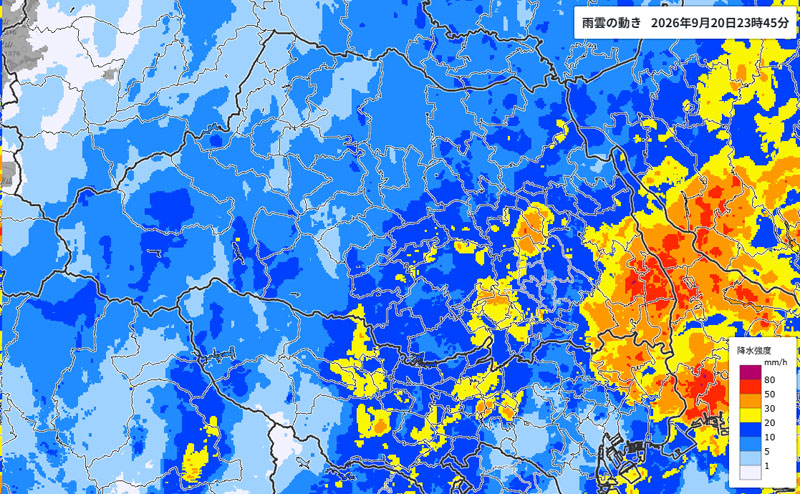 雨雲の位置。埼玉周辺拡大＝20日11時45分発表、気象庁より