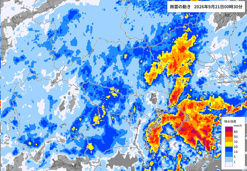 雨雲の位置＝21日午前0時半発表、気象庁より