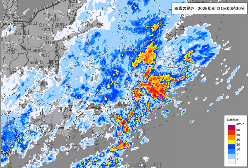 雨雲の位置。関東周辺＝21日午前0時半発表、気象庁より
