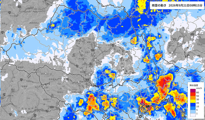 雨雲の位置＝21日午前8時15分発表、気象庁より