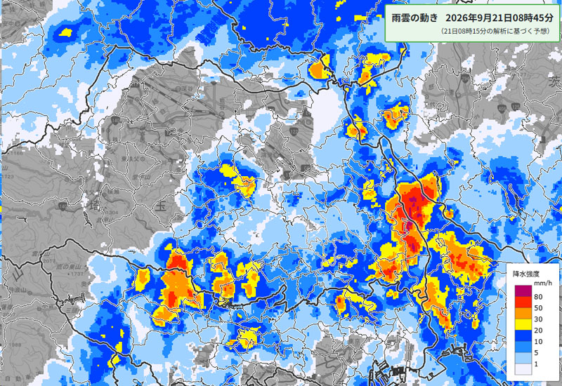 雨雲の位置。21日午前8時45分の予測＝21日午前8時15分発表、気象庁より