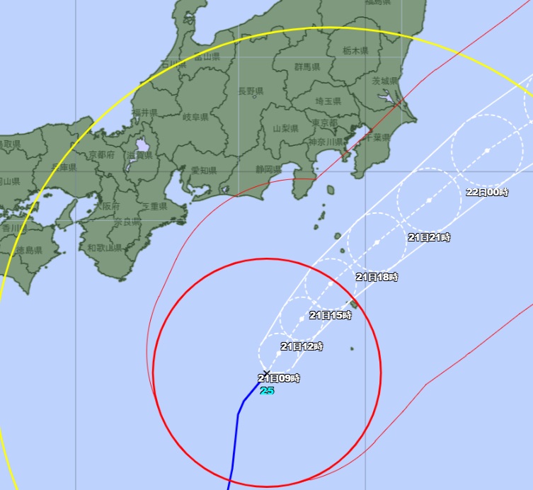 21日午前7時現在台風25号の進路予想大（気象庁のHP参照）