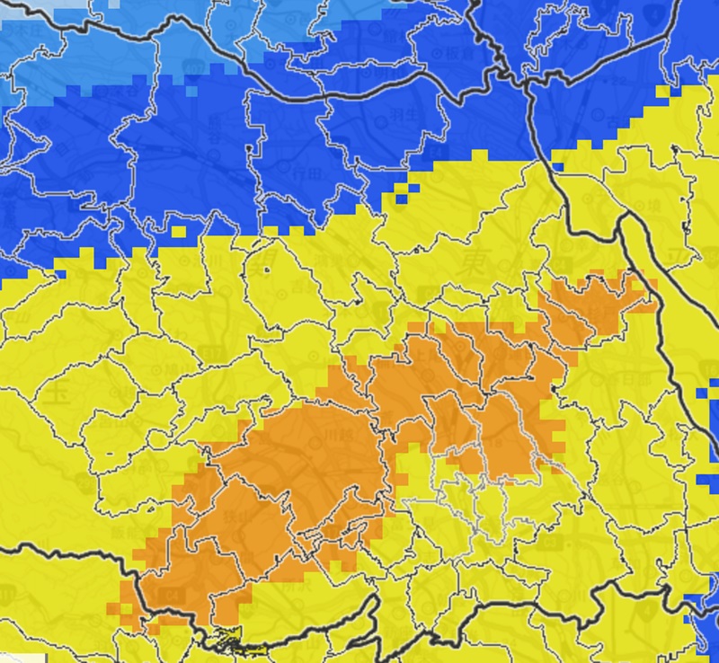 21日午後2時20分まで1時間降水量・午前8時20分の解析に基づく予想（気象庁のHP参照）