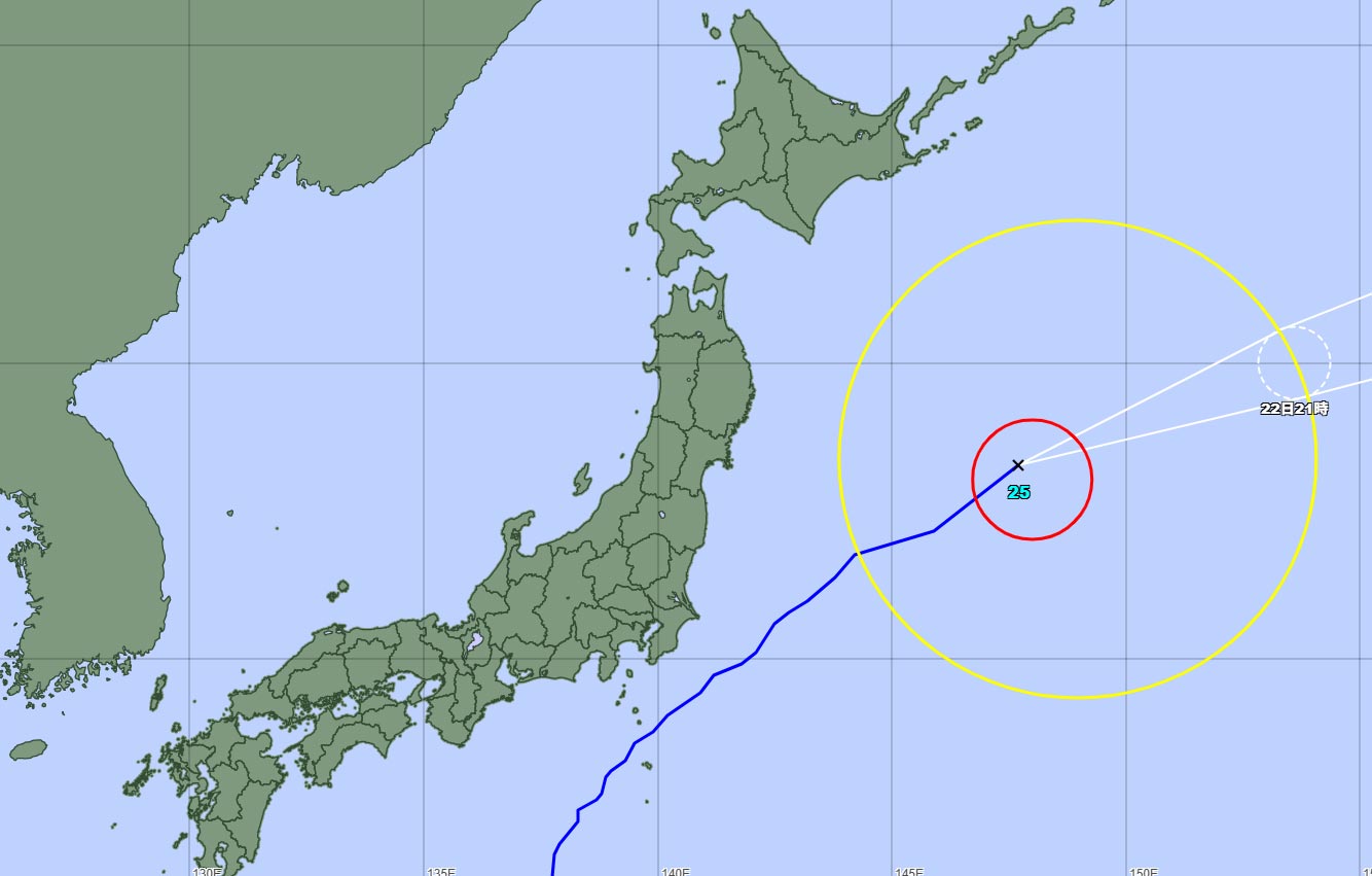 台風25号の位置＝22日午前9時45分発表、気象庁より