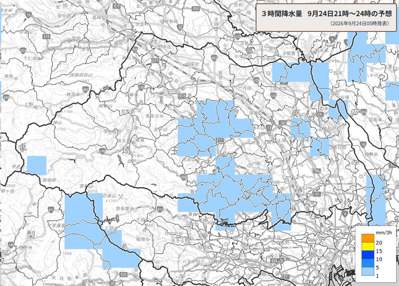 雨雲の位置。24日午後9時～25日午前0時の3時間降水量予測＝24日午前5時発表、気象庁より