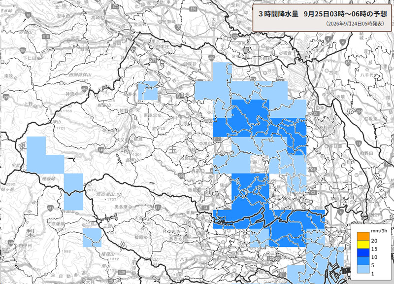 雨雲の位置。25日午前3時～6時の3時間降水量予測＝24日午前5時発表、気象庁より