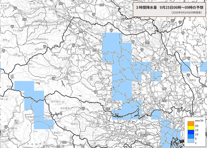 雨雲の位置。25日午前6時～9時の3時間降水量予測＝24日午前5時発表、気象庁より