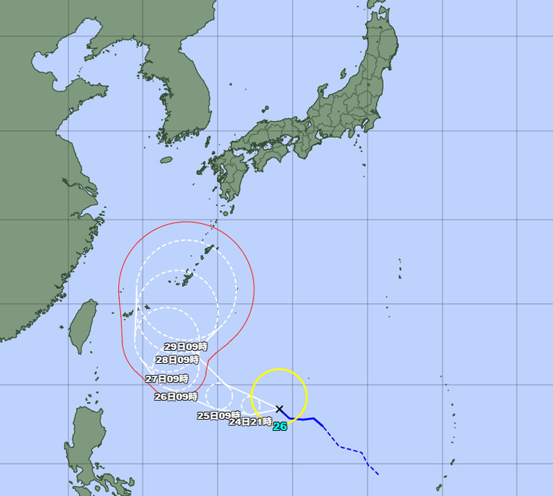 台風の位置＝24日午前9時発表、気象庁より
