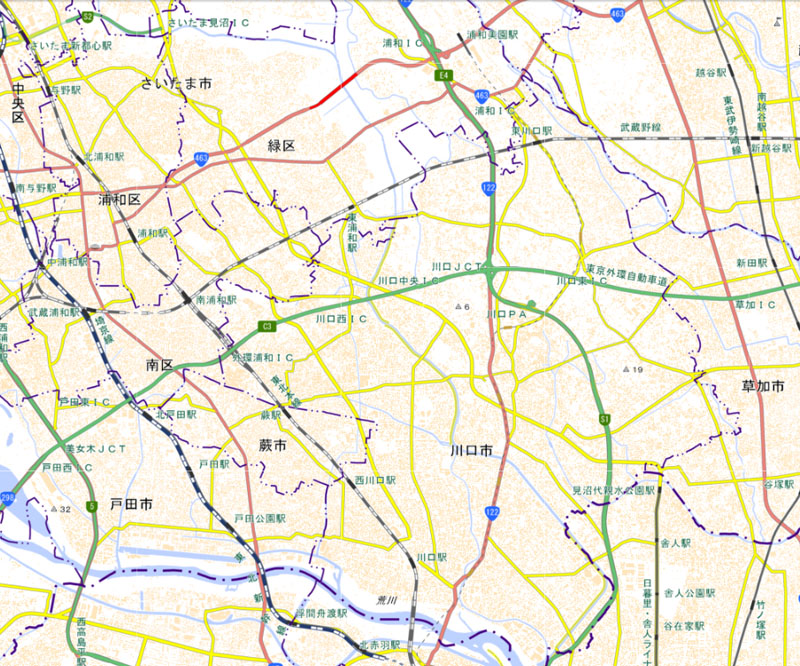 戸田東IC―草加ICの周辺（国土地理院HPより）