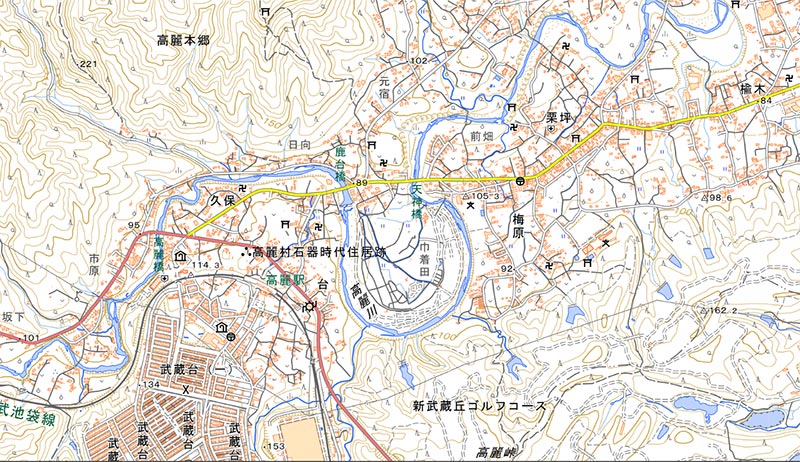 日高市高麗本郷の巾着田曼珠沙華公園の周辺（国土地理院HPより）
