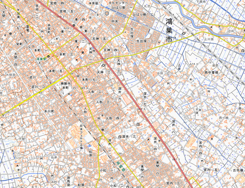 北本市深井6丁目87の「ヘイワールド！！」の周辺（国土地理院HPより）