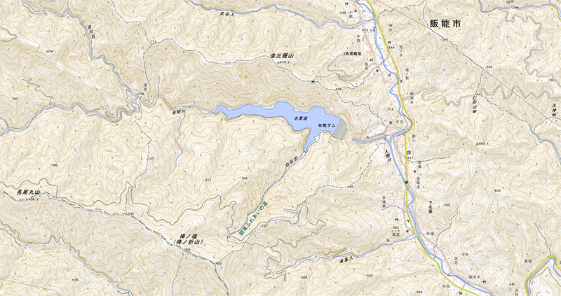 飯能市大字下名栗の周辺。近くに湖、ダム、ハイキングコース、温泉施設などあるエリア（国土地理院HPより）
