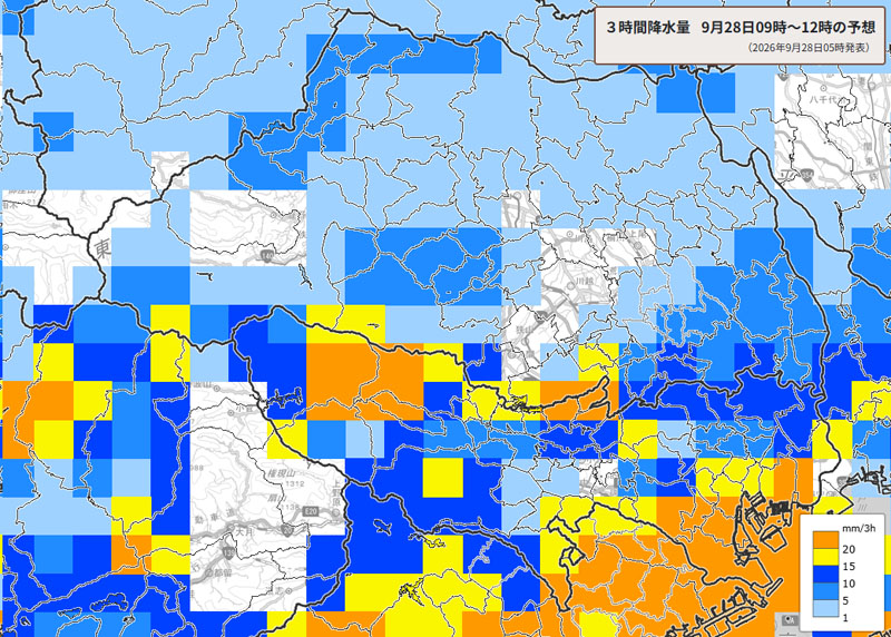 雨雲の位置。28日午前9時～午後0時の3時間降水量予測＝28日午前5時発表、気象庁より