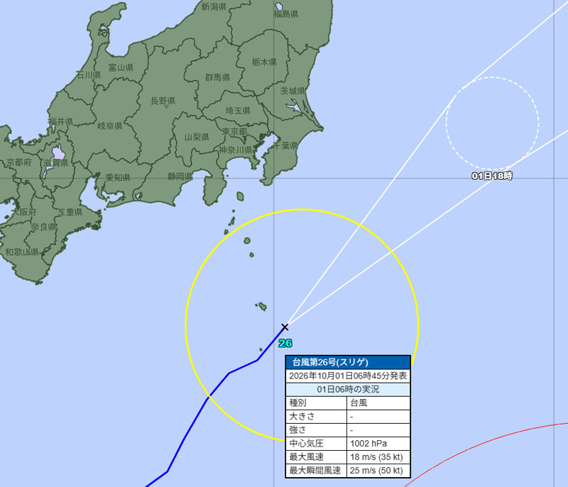台風26号の位置＝1日午前6時45分発表、気象庁より