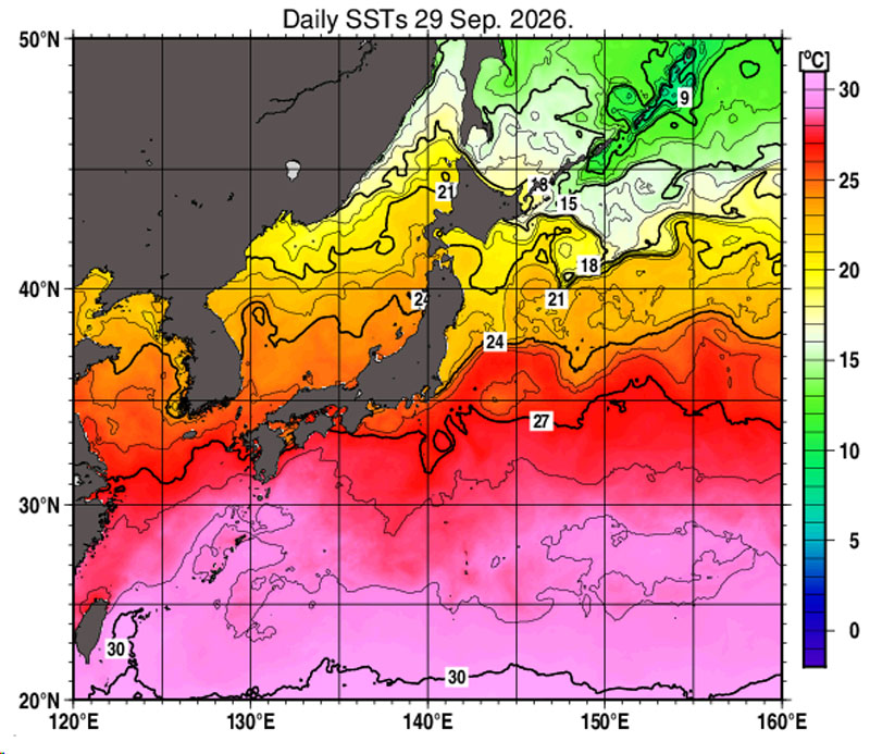 日別海面水温。9月29日時点＝気象庁より