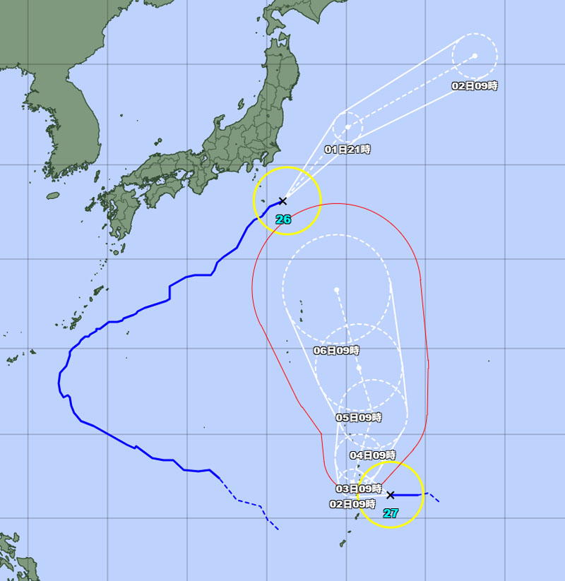 台風の位置＝1日午前9時発表、気象庁より