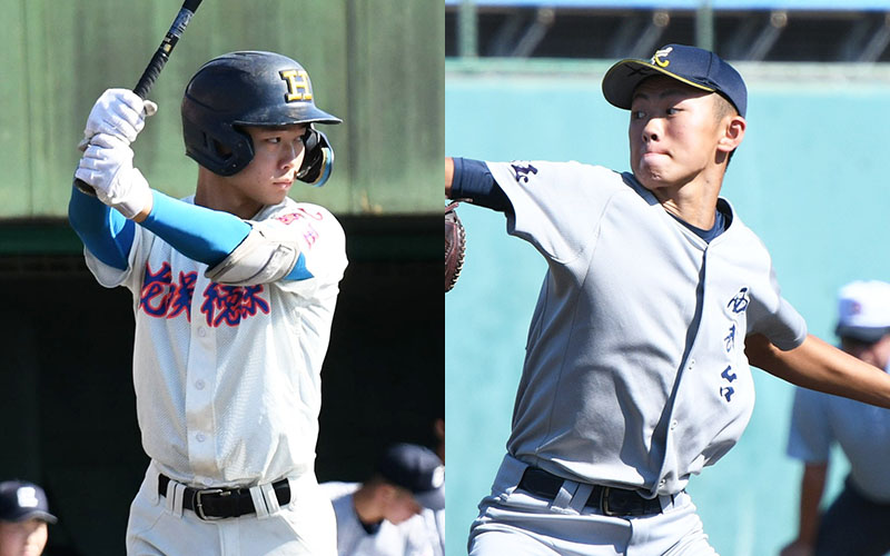【左】3試合で計6打点と勝負強い打撃が光る花咲徳栄の高原　【右】190センチの長身から力強い速球を投げ下ろす西武台の左腕深見