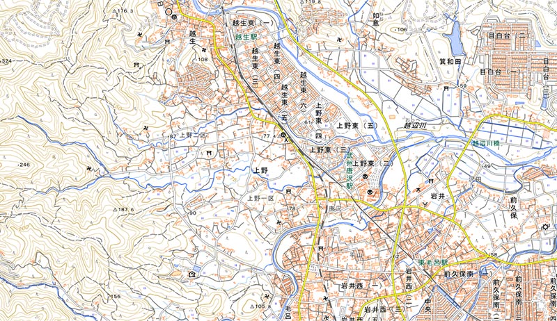 越生町大字上野周辺の地図（国土地理院HPより）
