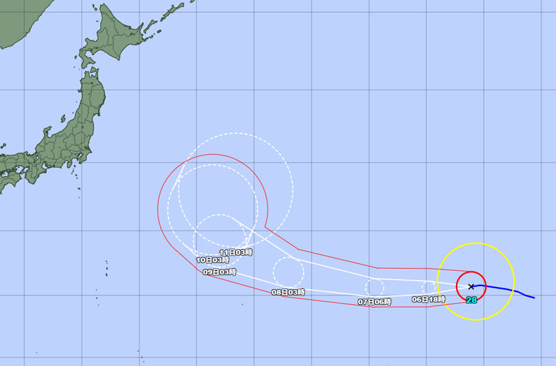 台風28号の進路と暴風警戒域＝6日午前6時発表、気象庁より
