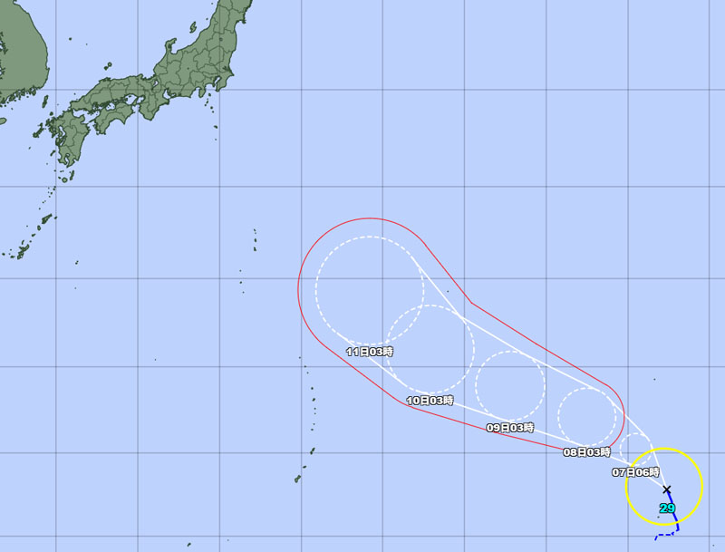 台風29号の進路と暴風警戒域＝6日午前6時発表、気象庁より