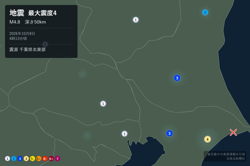 震央と埼玉の位置拡大＝8日午前4時17分発表、気象庁より