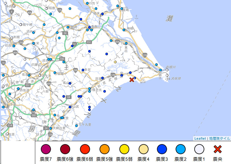震央の周辺＝8日午前4時17分発表、気象庁より