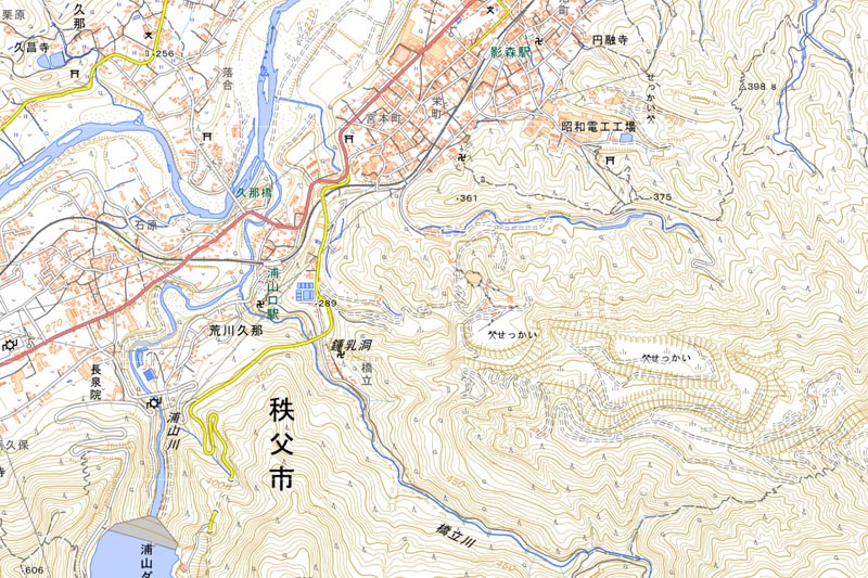 秩父市上影森の周辺（国土地理院HPより）