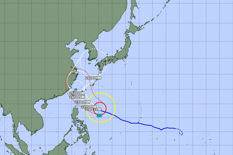 台風30号の位置＝21日午前9時発表、気象庁より