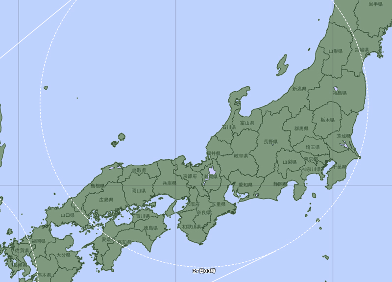 台風30号の27日午前3時の予報円拡大＝22日午前6時発表、気象庁より