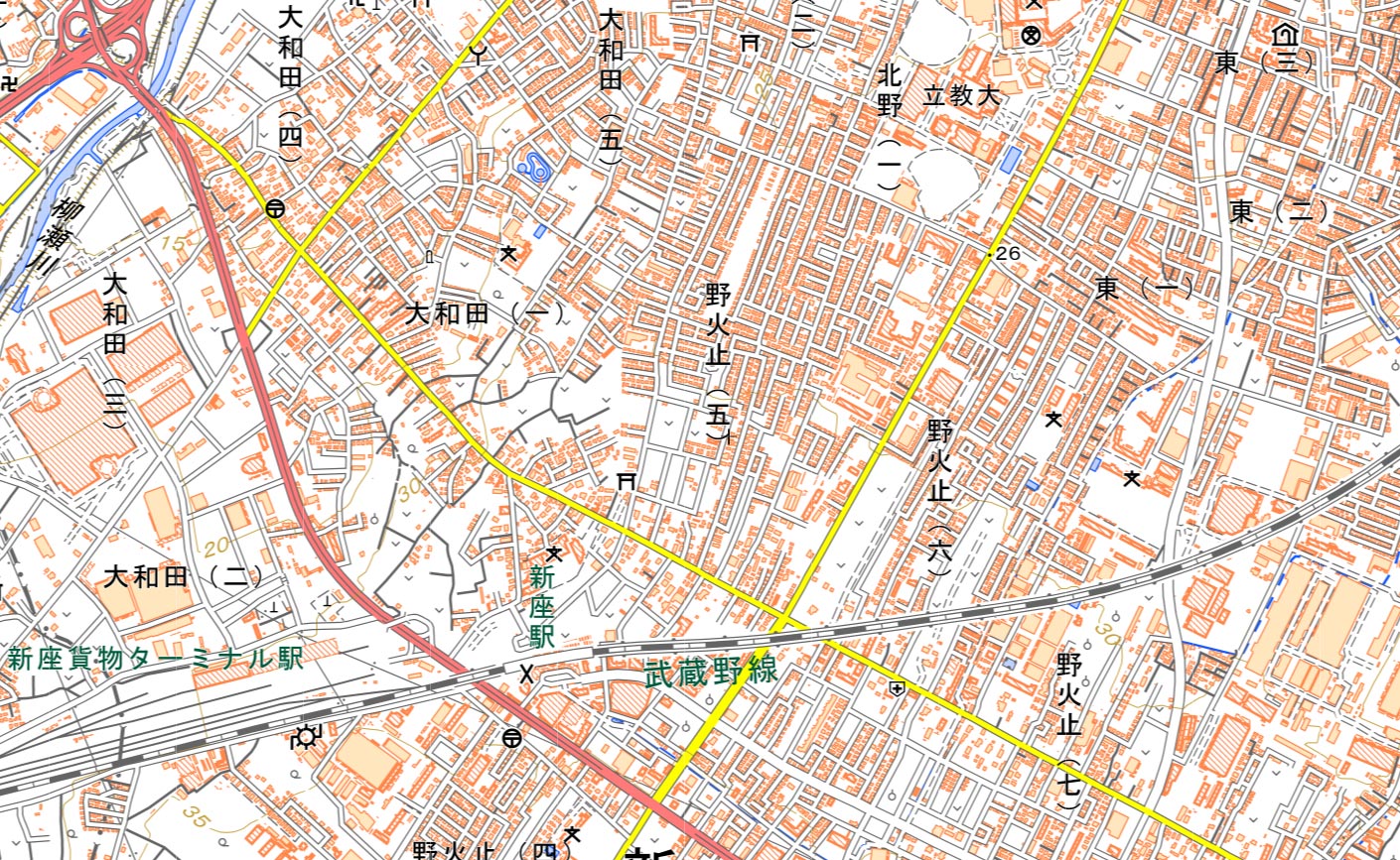 新座市野火止5丁目の周辺（国土地理院HPより）